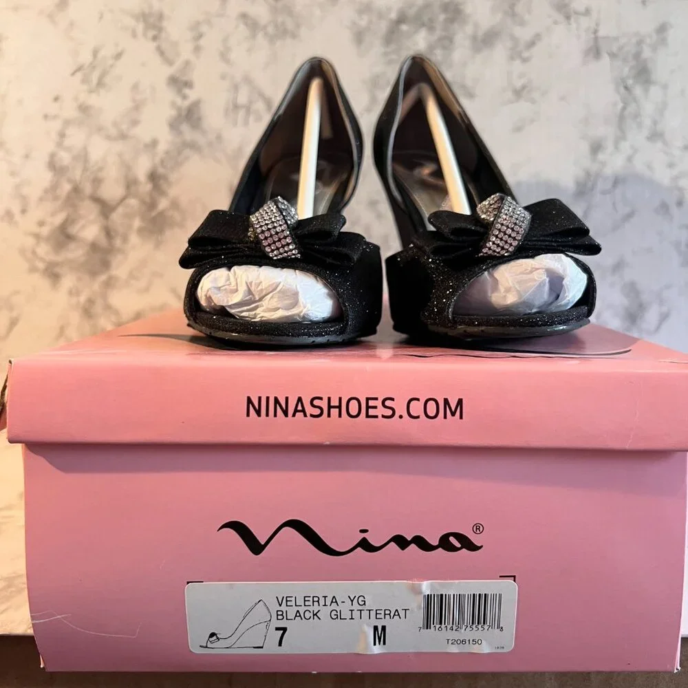 Nina Veleria Wedges Size 7 Black Glitterati‎ Rhinestone Detail Open Toe …